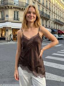 Women Lace Trim Satin Camisole V Neck Spaghetti Strap Backless Asymmetrical Tops  Summer Streetwear - 黑色和金色 - 查看 3