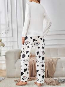 2pcs Women Cow Print Casual Comfortable Long Sleeve Pajama Set - Multicolor - View 2