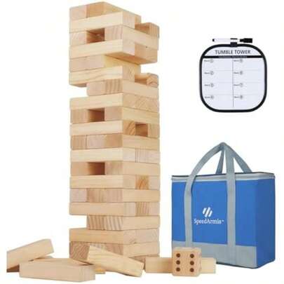 Mini Tumble Tower, 54PCS Wooden Stacking Game For Teens - Pine Stack Timber Board Games With 4 Dice Set - Classic Xmas Gifts For Teens(Stack To Over 4.2FT)