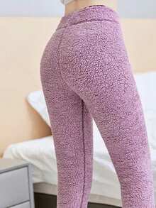 Winter Warm Thermal Lined Leggings, Purple Cloud Faux Fur Patch Skinny Pants - Burgundy - View 4