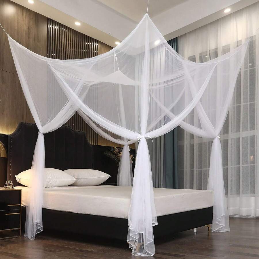 Suitable For Big Bed 4 Door Ceiling Mosquito Net Romantic 4 Door Bed Canopy Bedroom Dorm Home Decoration - 白色 - 查看 1