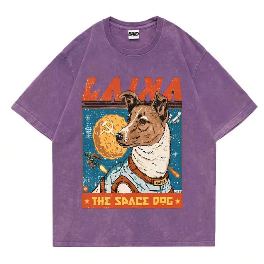 Stonewashed Basic Comfortable T-Shirt For Everyday Wear, Sizes PP To GG, Laika Dog Astronaut Animals Art Streetwear Urban Culture Street Fashion Street Graffiti Tagging Skater Skateboard Shirt Blouse Unisex Men's Women's 100% Cotton Top Premium Streetwear New Release Immediate Shipping Various Colors!! Plus Size - Màu tím - Xem 1