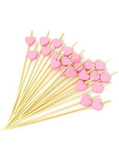 100 piezas de pinchos de bambú con forma de corazón, adecuados para aperitivos, sándwiches y frutas - Encantadores suministros para decoración de fiestas y servicio de alimentos con forma de corazón rosa