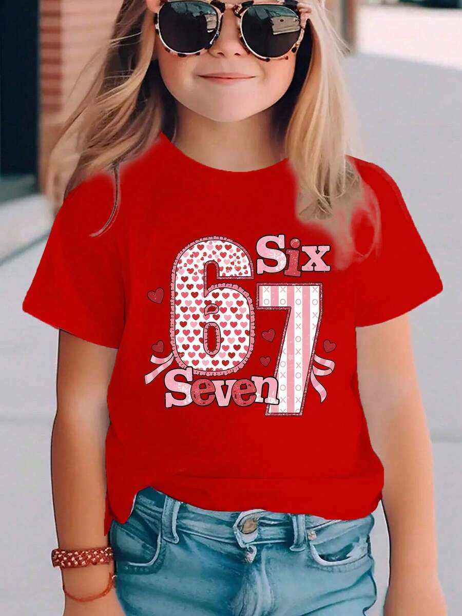 Camiseta de manga corta para niña estampado de corazón ideal para San Valentín moda infantil oferta exclusiva regalo perfecto - Rojo - Ver 1