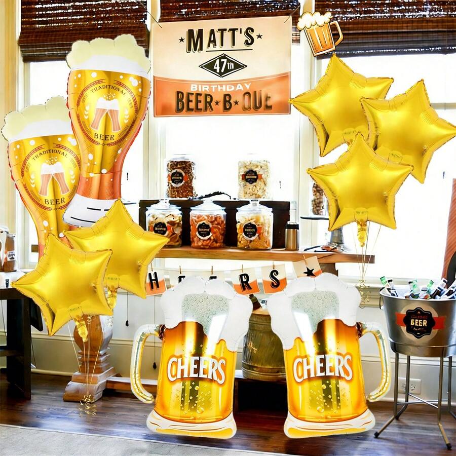 9件套啤酒杯气球套装,包含星星、啤酒瓶、啤酒杯气球,适合生日派对装饰、啤酒节派对用品、慕尼黑啤酒节派对用品、酒吧夏季主题派对。 - 彩色 - 查看 1