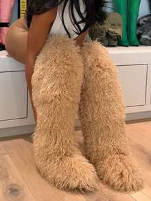 Women's Winter Knee High Boots Pull-On Faux Fur Round Toe Strap Boots For Women Comfy Plush Warm Outdoor Indoor Flat Shoes Punk Party Dressy Furry Fluffy Winter Autumn Fall Boots - 長款黃色1 - 查看 6