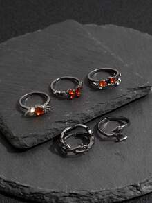 5pcs/Set Dark Thorn Rhinestone Butterfly & Heart Wing Street Style Rings - Gun Black - View 2