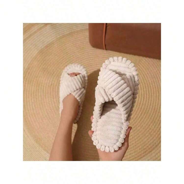 European And American Furry Cross Strap Cotton Slippers For Women Home Skin-Friendly Plush Cotton Slippers For Women - 卡其色 - 查看 7