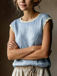 Retro-Style Linen Sleeveless Top For Women, Lace Trim, Round Neck, Loose Fit, Slimming, Breathable Linen Blend T-Shirt For Summer. - 藍色 - 查看 5