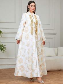 优雅女士斋月新款V领亮片贴花拼接刺绣长款卡夫坦连衣裙，手工串珠，适合派对、约会、居家、开斋节庆祝活动，白色春季款 - 白色 - 查看 4