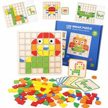 1 Set Wooden 3D Geometric Puzzle, Includes 1 Base Board/120 Colorful Blocks, Mosaic Puzzle With Colorful Animal Patterns, Educational Learning Toy For Children, Hand-Eye Coordination Development Tool - Multicolor - View 2