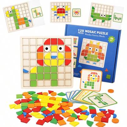 一套木制3D几何拼图，包含1个底板和120个彩色积木，拼成色彩缤纷的动物图案，是一款儿童益智学习玩具，有助于培养手眼协调能力。