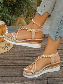 1 par de sandalias planas con cuña de suela gruesa y estilo retro tejido con 3 flores para adolescentes - Multicolor - Ver 3