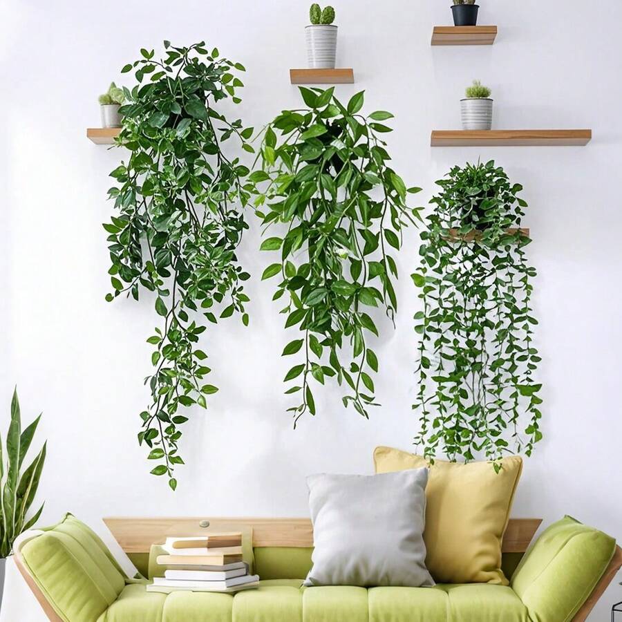 3 Pack Artificial Hanging Plants In Pots Indoor Fake Trailing Plants Home Room UK NEW - Green - View 1