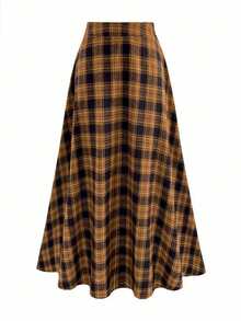 EARO 时尚女士格子长裙，高腰褶裥 A 字羊毛混纺休闲通勤长裙 - 黃色 - 查看 3
