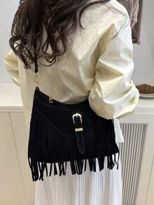 1个流苏装饰纯色麂皮/PU斜挎包，带拉链，复古时尚，适合女性秋冬季日常使用 - 黑色 - 查看 6