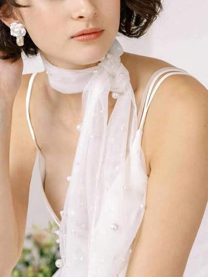 1件串珠新娘颈纱女士披肩围巾，适用于婚礼礼服、沙滩摄影、派对配饰