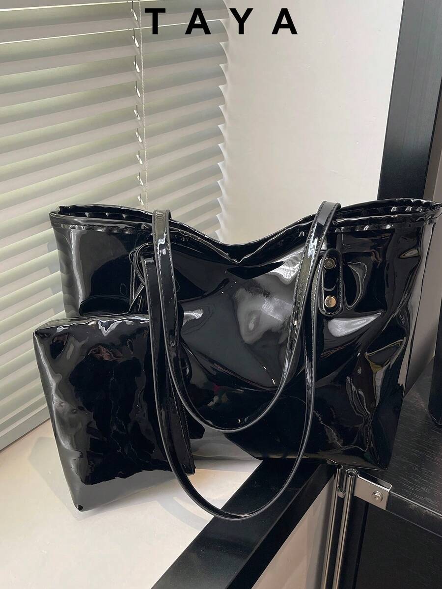 两件套全新大容量亮面PU手提包，配有双提手，是通勤、工作或上学的理想之选。这款宽敞轻便的托特包融合了经典休闲和商务休闲风格。适合年轻女性、大学生和职业人士，轻松适应工作环境、返校季、高中/大学生活和假期旅行。时尚拉链手提包