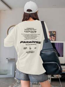 Women's Oversized Printed T-Shirt - Cheerful Paradise Phrase - Loose, Casual, Stylish, Modern, And Cool Blouse - 乳霜 - 查看 4