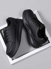 36-45码男女通用厚底系带休闲运动鞋，高品质白色鞋，多功能软底学生滑板鞋，防滑 - 黑色 - 查看 4