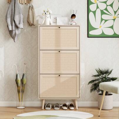 Skoskåp (60x24x121) med 3 hyllplan, randig design, korsmönster, 121 cm hög. Perfekt för entréer, hallar och liknande utrymmen.