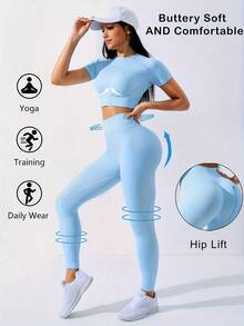 Workout Sets Outfits For Women – Yoga Leggings With Short Sleeve Crop Top, Slim Fit Tummy Control Butt Lifting Waist Shaping, Seamless Ribbed Texture, Breathable Soft Fabric, Non-Pilling, Perfect For Fall Winter Gym Yoga Running Fitness - 淺藍色 - 查看 9