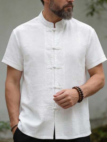 男士时尚可点击立领衬衫，纯色简约商务休闲中国风上衣，适合简约优雅民族风男装，夏季新款短袖衬衫