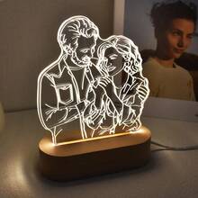 [Customized Engraving] Acrylic Silhouette Figure + Wooden Engraved Base Creative 3D Night Light, LED Warm Light Atmosphere Lamp, Birthday, Valentine's Day, Christmas Gift, Bedroom Bedside Lamp, Engraved Anniversary Gift - Multicolor - View 4