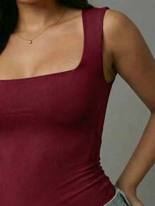 Women's Leotard Bodysuit With Square Neckline And Wide Straps Super Versatile Shapewear Fashion Blogger - Burgundy - View 5