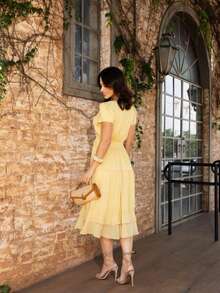 Elegant Boho Chiffon Midi Dress With Elastic Waist, Ruffled Hem, Pleated, Layered, Modest Fashion, Wedding, Summer - 黃色 - 查看 2