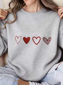 Women's Oversized Grey & Burgundy Heart Pattern Crewneck Sweatshirt - White Casual Sweater With Maroon Hearts, All-Season Layering Top, Machine Washable Round Neck Shirt For Valentine's Day & Casual Attire Graphic Crew Neck Sweatshirt,Streetwear Oversized Crew Neck Sweatshirt -  Graphic Print Design - 灰色 - 查看 10