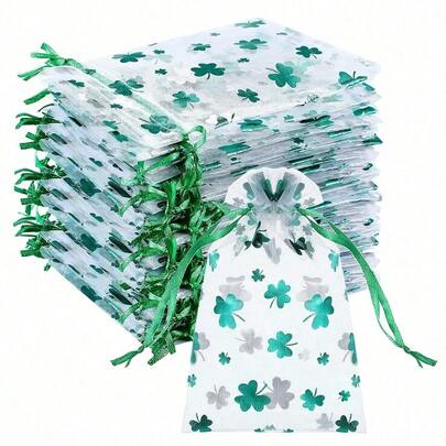 6/20pcs St. Patrick's Day Clover Gift Bags, Featuring Green Leaf Print, Clover Pattern Organza Bags, Jewelry Storage Bags, Clover Accessory Packaging Bags, Metallic Organza Bags, Jewelry Pouches, Candy Bags, Suitable For Weddings, St. Patrick's Day, Holiday Parties, Events
