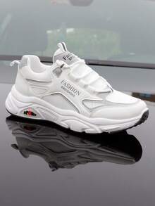 Zapatillas deportivas gruesas para hombres, adecuadas para todas las estaciones, versátiles, con malla transpirable para uso casual al aire libre, nuevos zapatos deportivos de estilo con suela gruesa - Blanco - Ver 5