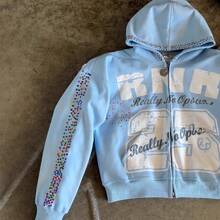 2026 Y2K High Street Unisex Hooded Cardigan American Retro Sweatshirt Jacket Personalized Loose Streetwear For Street Shooting - 藍色 - 查看 2