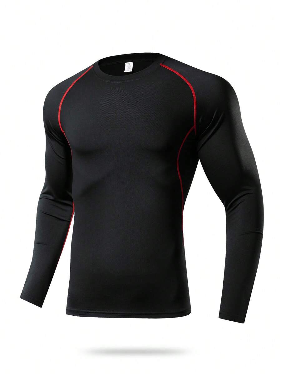 1pc Men's Compression Long Sleeve Breathable Quick-Dry Fitness Top, Tight Core Workout Base Layer, Moisture-Wicking Black