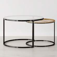 Et Of 2 Nesting Round End Side Coffee Tables With Glass And Rattan Top - Black - View 9