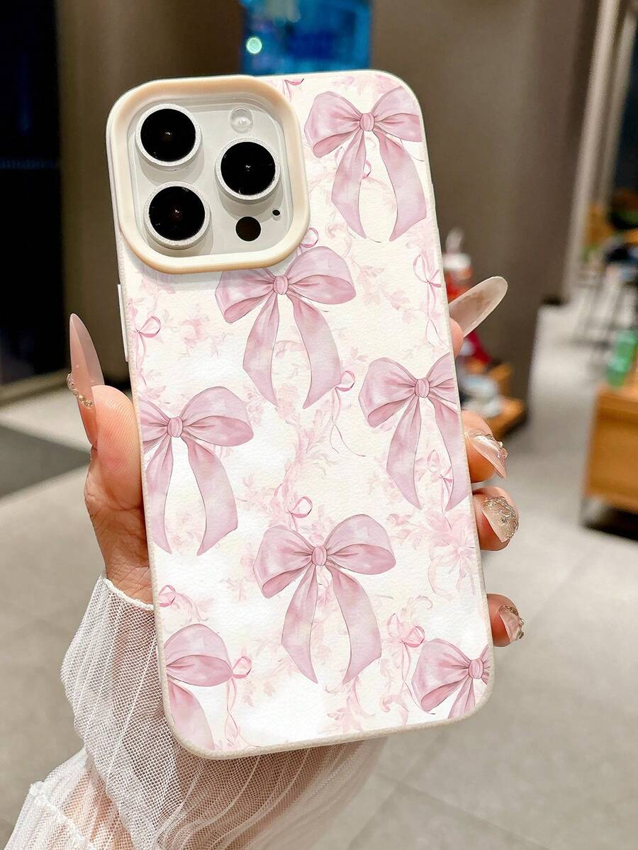 Bow-Knot A Simple And Personalized Pink Bow Pattern Full Screen Printed Phone Case, With High-Quality And Simple Anti Drop, Dustproof And Waterproof Protective Cover Design, Suitable For IPhone 13/16/17/15/14/13/12/11 - Multicolor - View 1