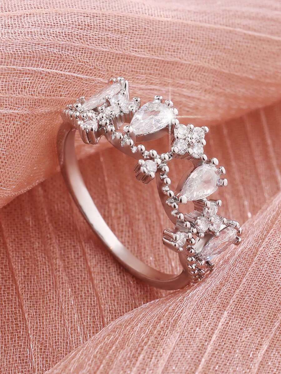 1 pieza Anillo de corona de circonita versátil y de moda, estilo europeo y americano, regalo para mujeres en el Día de San Valentín, Día de la Madre, cumpleaños, fiesta - Plateado - Ver 1
