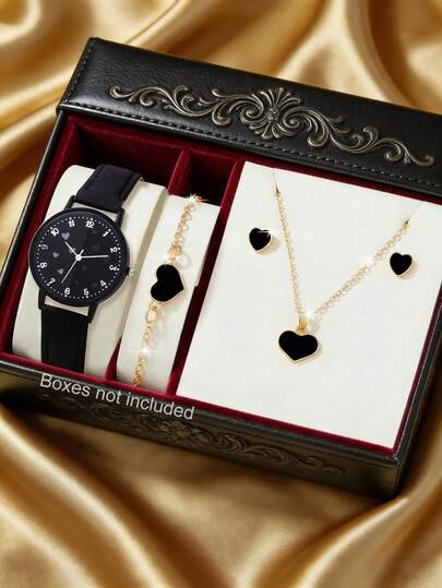 Women's Watch Set 1 Set Elegant And Fashionable, Featuring A Round Dial Quartz Watch Paired With Heart-Shaped Pendant Necklace, Earrings, And Bracelet. Perfect For Everyday Wear, Birthdays, Or As A Gift For Friends. Does Not Include A Gift Box