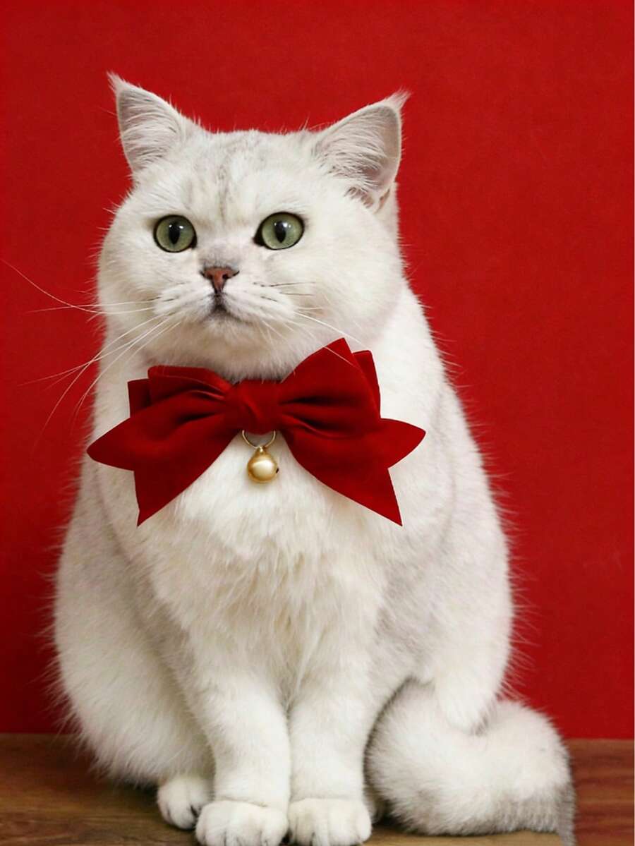 情人节宠物猫狗泰迪熊领结铃铛天鹅绒可调节防窒息项圈，宠物生日新年天鹅绒领结铃铛项链可调节颈链，粉色猫狗礼物 - 粉色 - 查看 1