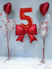 12pcs Birthday Decoration Set, Large Red Bow Foil Balloons, 40-Inch Red 0-9 Birthday Number Balloons, 18-Inch Red Heart Balloons, Clear Latex Balloons (With Balloon Ribbons), Suitable For Birthday Party, Anniversary Decoration - Multicolor - View 5