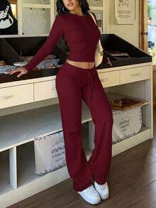 Setelan Wanita Warna Polos Kasual Minimalis Gaya Jalanan untuk Komuter, Atasan Lengan Panjang dan Celana Panjang Musim Semi - Burgundy - View 2