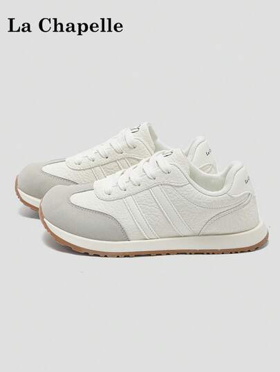 1 Pair La Chapelle Women's Thick Sole Lace-Up Soft Bottom Casual Shoes, Low-Top Outdoor Flat Shoes For Summer, Round Toe Low Heel Non-Slip Solid Color Elegant Soft Bottom Hiking Suitable For Students Graduation Photos Flat Shoes, Women Low-Top Leather Sneakers