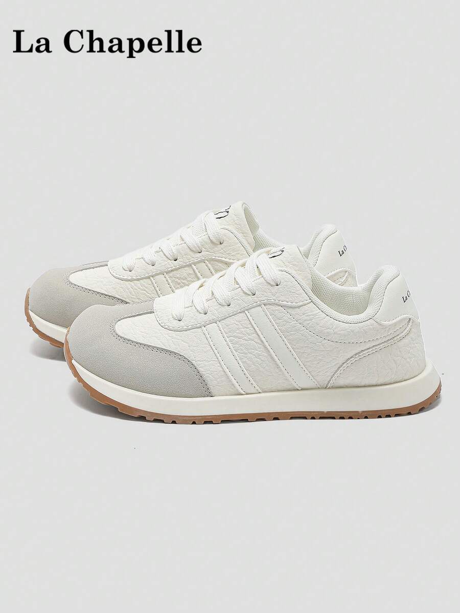 1 Pair La Chapelle Women's Thick Sole Lace-Up Soft Bottom Casual Shoes, Low-Top Outdoor Flat Shoes For Summer, Round Toe Low Heel Non-Slip Solid Color Elegant Soft Bottom Hiking Suitable For Students Graduation Photos Flat Shoes, Women Low-Top Leather Sneakers - White - View 1