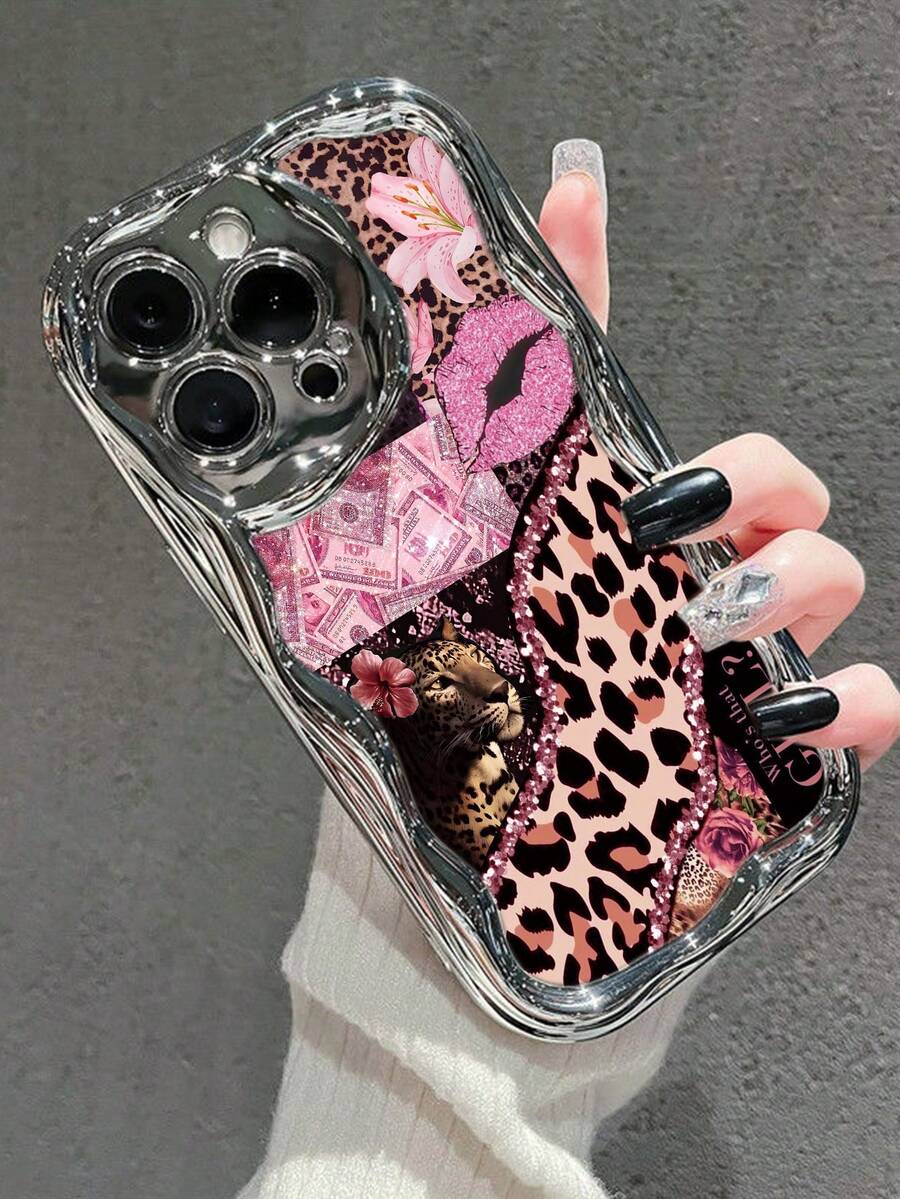 豹纹唇彩电镀奶油质感软壳，兼容 17/17 Pro Max/ 16/ 16 Pro/ 16 Pro Max/ 15/XR/7P/8P/P12 Pro Max/P13 Pro Max/P14 Pro Max/P13/P14/P11/P12/P14，女士柔软防摔，XS/S/XS Max/78GES2，可爱时尚加厚手机壳 - 彩色 - 查看 1