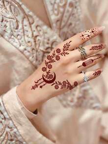 2张全手花卉图案棕红色酒红色性感脚趾手指手部纹身贴纸，女士花卉海娜纹身贴纸，防水花卉贴纸，棕色纹身贴纸，女士人体彩绘贴纸，婚礼派对棕红色纹身贴纸 - 紅色 - 查看 4