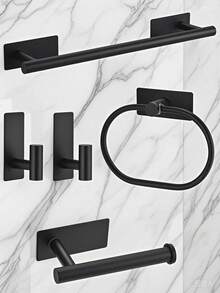 1 Set Matte Black Bathroom Hardware Set, Modern Minimalist Wall-Mounted Towel Bar, Towel Ring, Hooks And Toilet Paper Holder, Decorative Bathroom Accessories, Stainless Steel Towel Ring, Towel Rack, Towel Bar, Bathroom Hooks, Bathroom Shelf, Toilet Paper Holder, Storage Hooks, Hotel - Square Bottom Nail-free - View 10