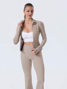 Women's Long Sleeve BBL Jacket With Pockets And Thumb Holes, Running Workout  Activewear Top - Taupetastic/Vàng - Xem 5