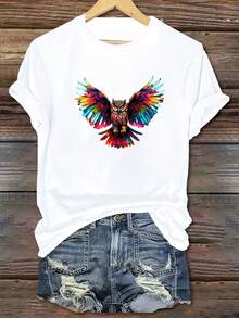Camiseta Blusa Feminina Coruja Colorida Asas Abertas Voando Estilosa 100% Algodão  Promoção - Branco - Visão 1