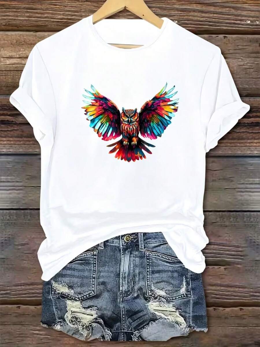 Camiseta Blusa Feminina Coruja Colorida Asas Abertas Voando Estilosa 100% Algodão  Promoção - Branco - Visão 1